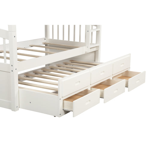 GFD Home - Twin over Twin Wood Bunk Bed with Trundle and Drawers, White - SM000093AAK