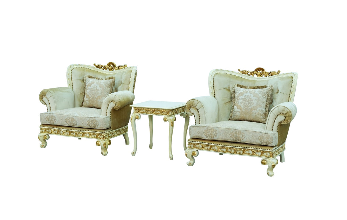 European Furniture - Fantasia 3 Piece Living Room Set in Gold-Off White - 40015-3SET - GreatFurnitureDeal