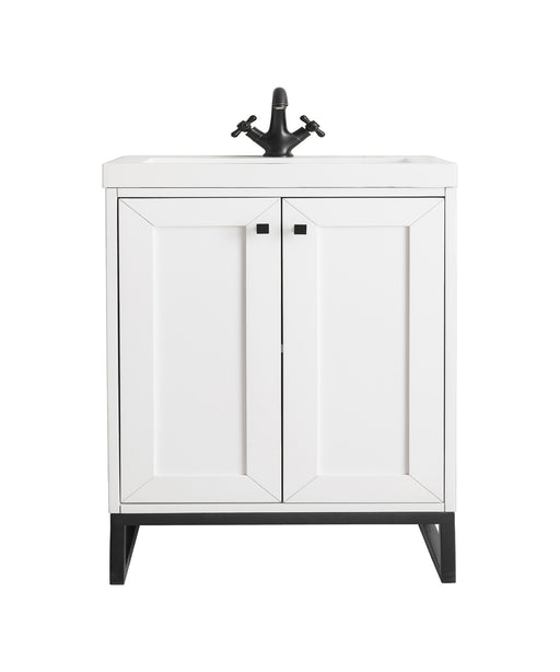 James Martin Furniture - Chianti 24" Single Vanity Cabinet, Glossy White, Matte Black, w/ White Glossy Composite Countertop - E303V24GWMBKWG - GreatFurnitureDeal