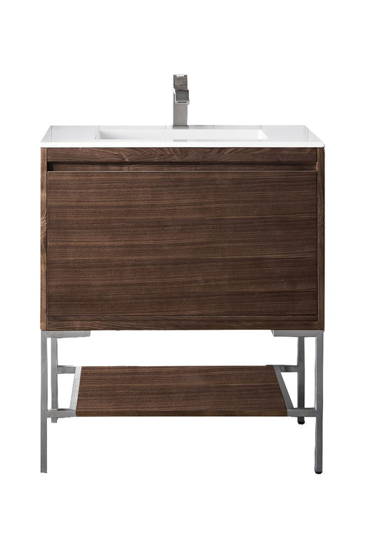 James Martin Furniture - Milan 31.5" Single Vanity Cabinet, Mid Century Walnut, Brushed Nickel w-Glossy White Composite Top - 801V31.5WLTBNKGW - GreatFurnitureDeal