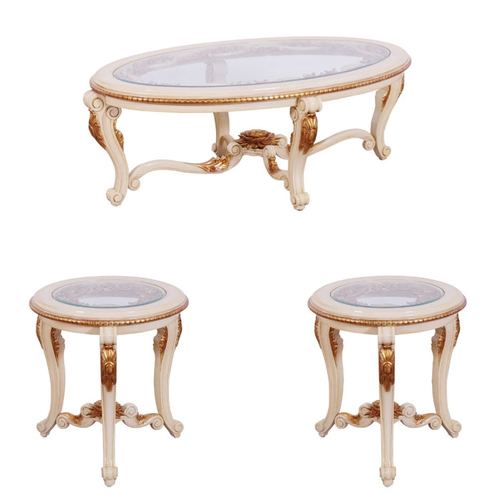 European Furniture - Veronica III 3 Piece Luxury Occasional Table Set in Antique Beige and Antique Dark Gold leaf - 47072-CT-ET