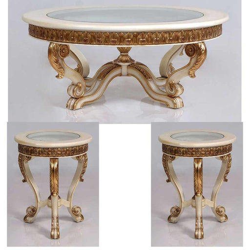 European Furniture - Veronica 3 Piece Luxury Occasional Table Set in Antique Beige and Antique Dark Gold leaf - 47075-CT-ET - GreatFurnitureDeal