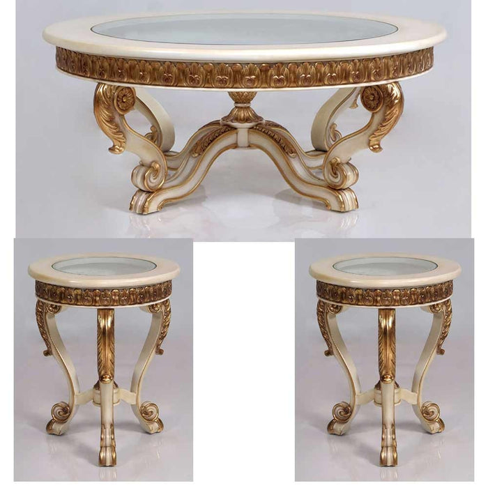 European Furniture - Veronica 3 Piece Luxury Occasional Table Set in Antique Beige and Antique Dark Gold leaf - 47075-CT-ET