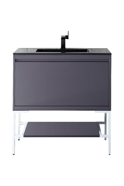 James Martin Furniture - Milan 35.4" Single Vanity Cabinet, Modern Grey Glossy, Glossy White w-Charcoal Black Composite Top - 801V35.4MGGGWCHB - GreatFurnitureDeal