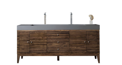 James Martin Furniture - Linear 72" Double Vanity, Mid Century Walnut w- Dusk Grey Glossy Composite Top - 210-V72D-WLT-DGG - GreatFurnitureDeal