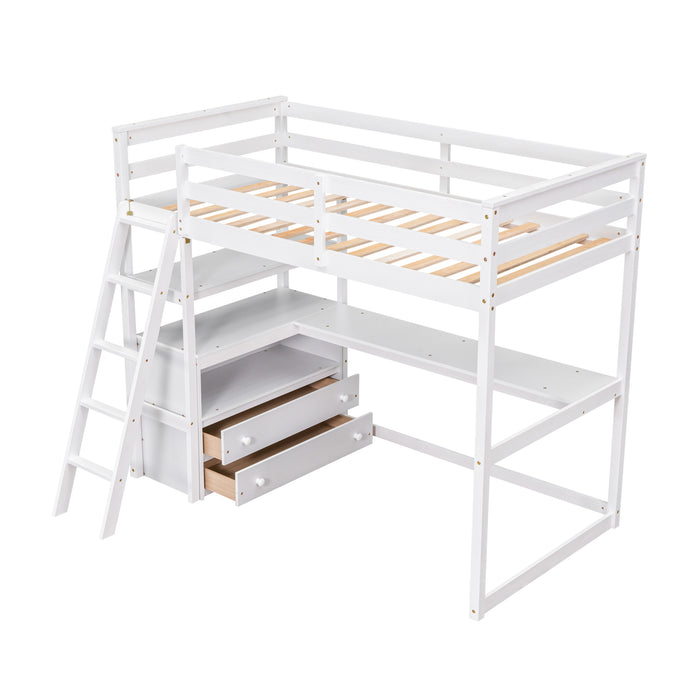 GFD Home - Twin Size Loft Bed with Desk and Shelves, Two Built-in Drawers, White (old SKU: GX000803AAK-1） - GreatFurnitureDeal