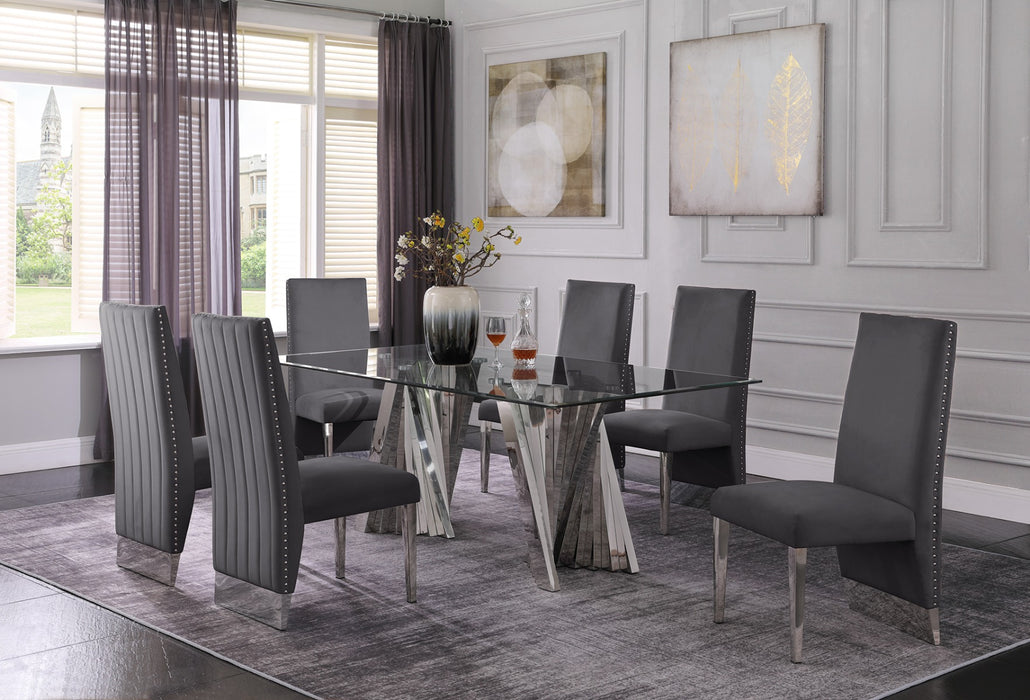 Mariano Furniture - 7 Piece Dining Set w-Pleated Side Chair, Glass Table w- Silver Spiral Base, Dark Grey - BQ-D01-6SC164 - GreatFurnitureDeal