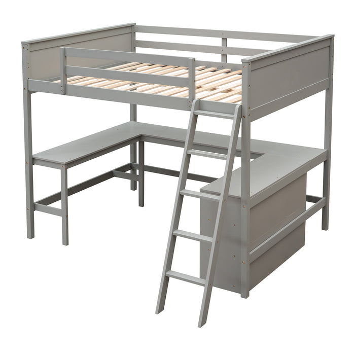 GFD Home - Full size Loft Bed with Shelves and Desk, Wooden Loft Bed with Desk - Gray - GreatFurnitureDeal