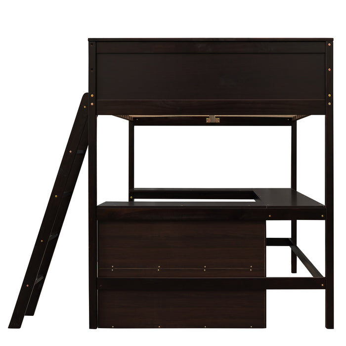 GFD Home - Full size Loft Bed with Shelves and Desk, Wooden Loft Bed with Desk - Espresso - GreatFurnitureDeal