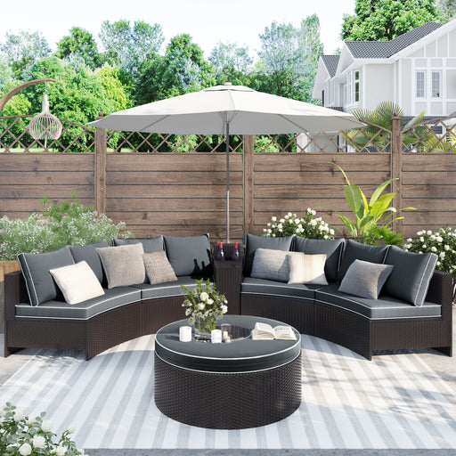 GFD Home - TOPMAX 6 Pieces Outdoor Sectional Half Round Patio Rattan Sofa Set, PE Wicker Conversation Furniture Set w/ One Storage Side Table for Umbrella and One Multifunctional Round Table, Brown+ Gray - GreatFurnitureDeal