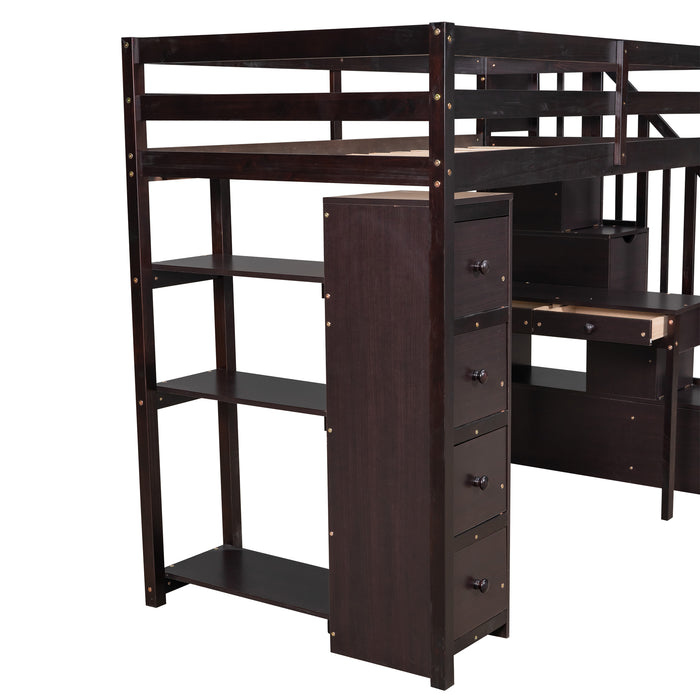 GFD Home - Twin size Loft Bed with Storage Drawers ,Desk and Stairs, Wooden Loft Bed with Shelves - Espresso - GreatFurnitureDeal