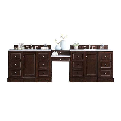 James Martin Furniture - De Soto 118" Double Vanity Set, Burnished Mahogany w- Makeup Table, 3 CM Classic White Quartz Top - 825-V118-BNM-DU-CLW - GreatFurnitureDeal