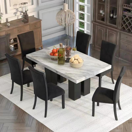 GFD Home - 7-piece Dining Table Set with 1 Faux Marble Dining Rectangular Table and 6 Upholstered-Seat Chairs ,for Dining room and Living Room ,Black - GreatFurnitureDeal