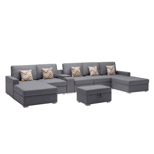 GFD Home - Nolan Gray Linen Fabric 7Pc Double Chaise Sectional Sofa with Interchangeable Legs, Storage Ottoman, Pillows, and a USB, Charging Ports, Cupholders, Storage Console Table - GreatFurnitureDeal