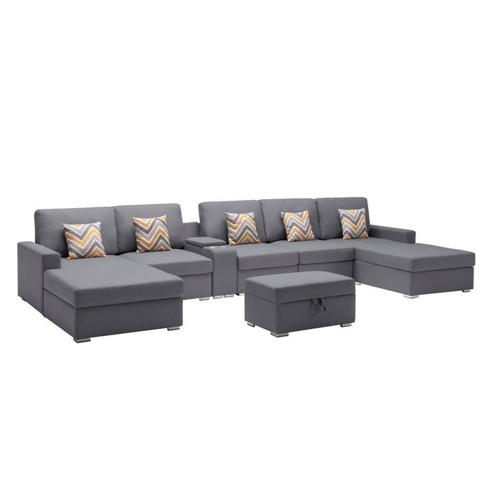 GFD Home - Nolan Gray Linen Fabric 7Pc Double Chaise Sectional Sofa with Interchangeable Legs, Storage Ottoman, Pillows, and a USB, Charging Ports, Cupholders, Storage Console Table - GreatFurnitureDeal