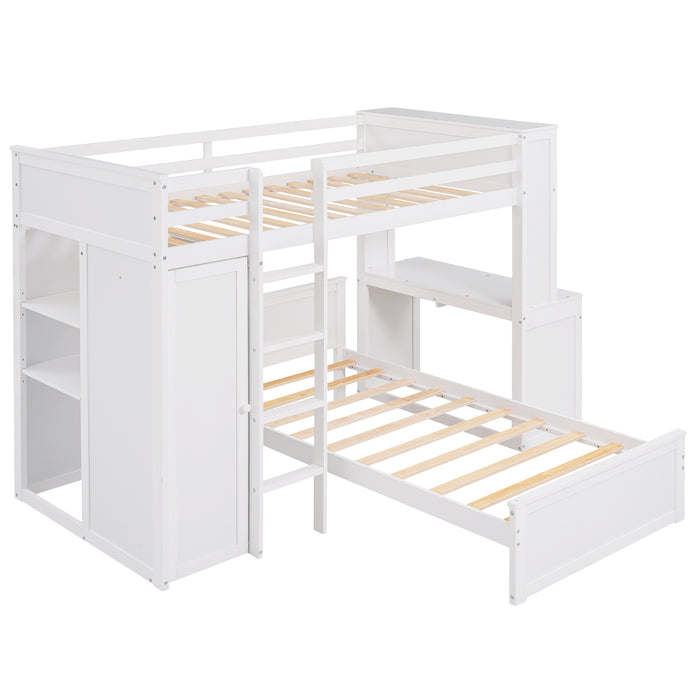 GFD Home - Twin size Loft Bed with a Stand-alone bed, Shelves,Desk,and Wardrobe-White - GreatFurnitureDeal