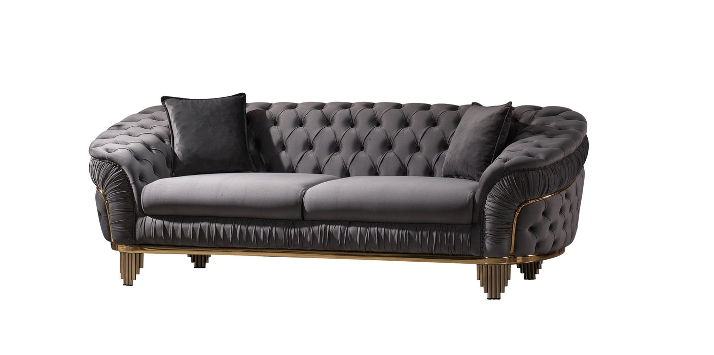 GFD Home - Vanessa Sofa Living room Set in Grey and Gold with Fabric button-tufted velvet upholstery Finish - GreatFurnitureDeal