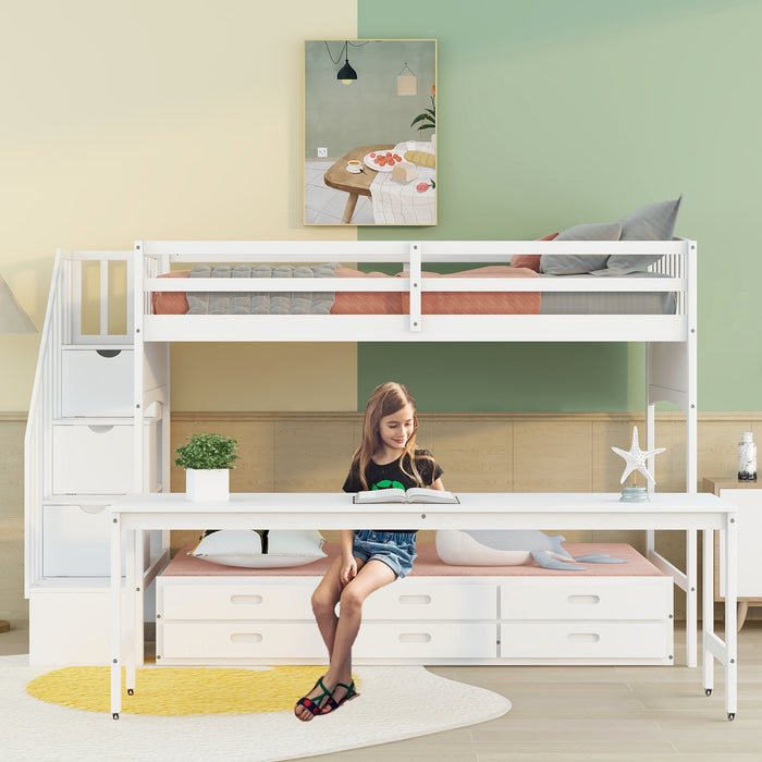 GFD Home - Stairway Twin XL Loft Bed with Twin Size Trundle and 3 Drawers, Storage, Desk, White - GreatFurnitureDeal