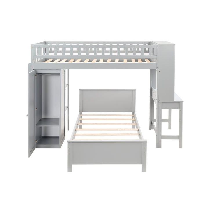 GFD Home - Twin Size Loft Bed with Closet and Desk, Extra Bottom Twin Bed, Grey - GreatFurnitureDeal