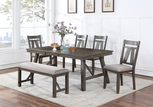 GFD Home - Rich Dark Brown Finish Dining Room Furniture 6pc Dining Set Table w Leaf And 4x Side Chairs 1x Bench Gray Fabric Cushion Seat Wooden Table Top - GreatFurnitureDeal