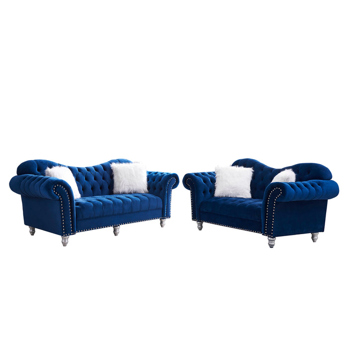 GFD Home - 3 Piece Living Room Sofa Set, including 3-Seater Sofa, Loveseat and Sofa Chair, with Button and Copper Nail on Arms and Back, Five White Villose Pillow, Blue. - GreatFurnitureDeal