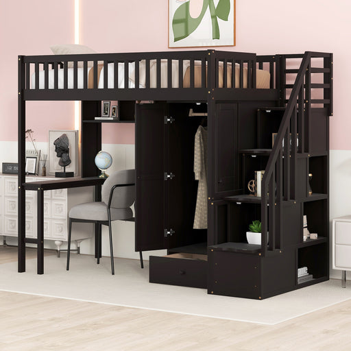 GFD Home - Twin size Loft Bed with Bookshelf,Drawers,Desk,and Wardrobe-Espresso - GreatFurnitureDeal