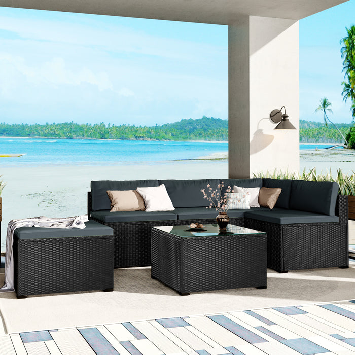 GFD Home - GO 6-Piece Outdoor Furniture Set with PE Rattan Wicker, Patio Garden Sectional Sofa Chair, removable cushions (Black wicker, Grey cushion) - GreatFurnitureDeal