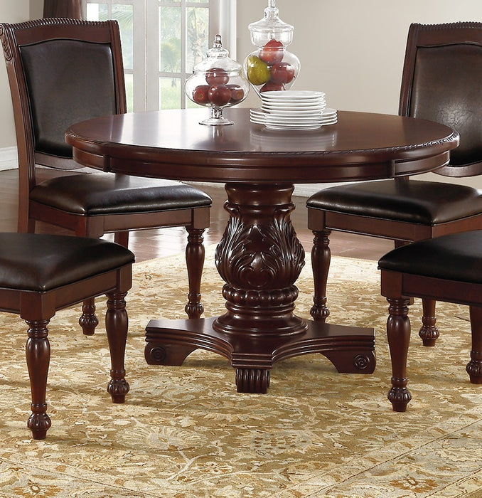 GFD Home - Majestic Classic Formal Dining Room Table And 4x Side Chairs Brown 5pc Set Dining Table Pedestal Base Round Table Faux Leather - GreatFurnitureDeal