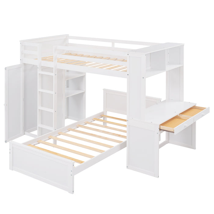 GFD Home - Twin size Loft Bed with a Stand-alone bed, Shelves,Desk,and Wardrobe-White - GreatFurnitureDeal