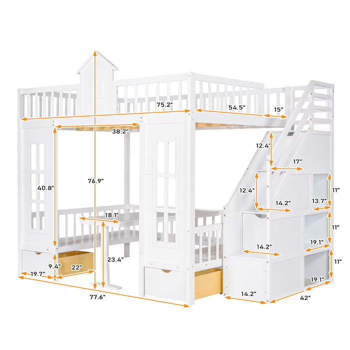 GFD Home - Full-Over-Full Bunk Bed with Changeable Table ,Bunk Bed Turn into Upper Bed and Down Desk - White - GreatFurnitureDeal