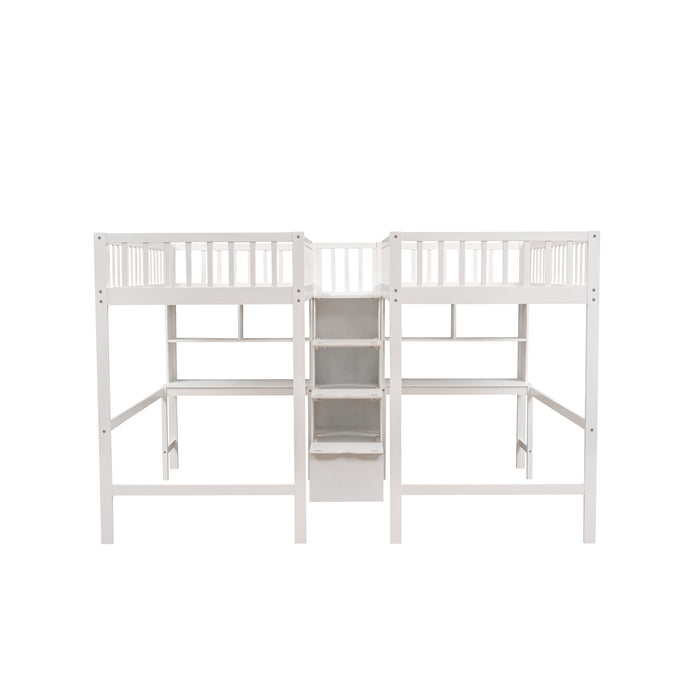 GFD Home - Twin & Twin Size Loft Bed with 2 Built-in Desks and Shelves, Storage Staircase, White - GreatFurnitureDeal