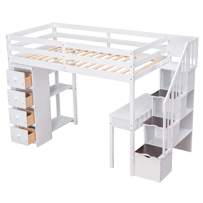 GFD Home - Twin size Loft Bed with Storage Drawers ,Desk and Stairs, Wooden Loft Bed with Shelves - White - GreatFurnitureDeal