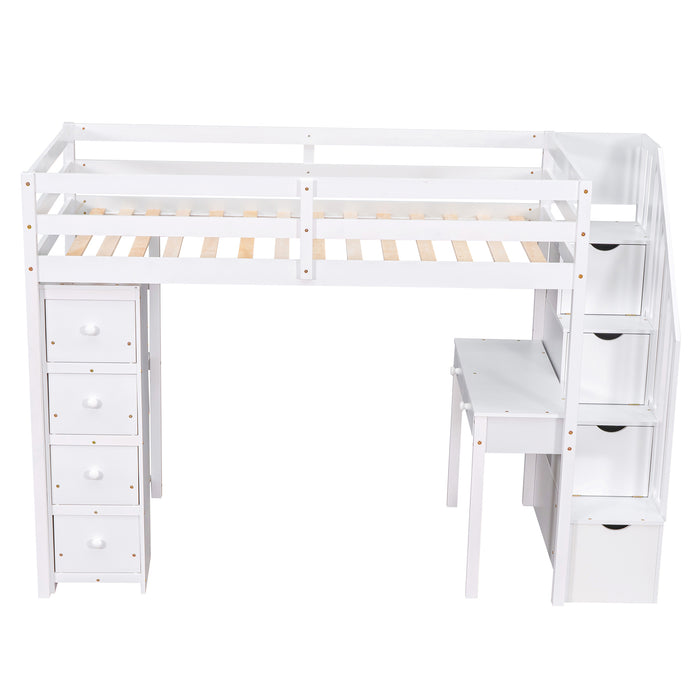 GFD Home - Twin size Loft Bed with Storage Drawers ,Desk and Stairs, Wooden Loft Bed with Shelves - White - GreatFurnitureDeal