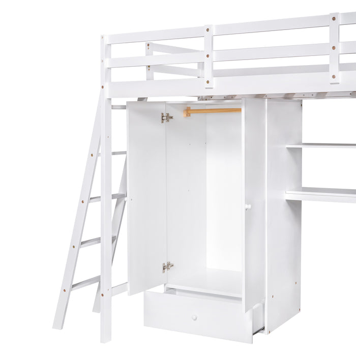 GFD Home - Twin Size Loft Bed with Wardrobe and Drawers, attached Desk with Shelves, White - GreatFurnitureDeal