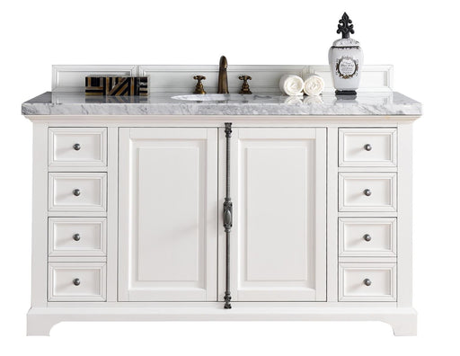 James Martin Furniture - Providence 60" Bright White Single Vanity w- 3 CM Carrara Marble Top - 238-105-V60S-BW-3CAR - GreatFurnitureDeal