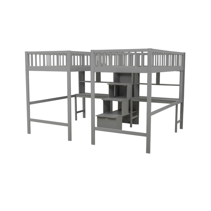 GFD Home - Twin & Twin Size Loft Bed with 2 Built-in Desks and Shelves, Storage Staircase, Gray - GreatFurnitureDeal