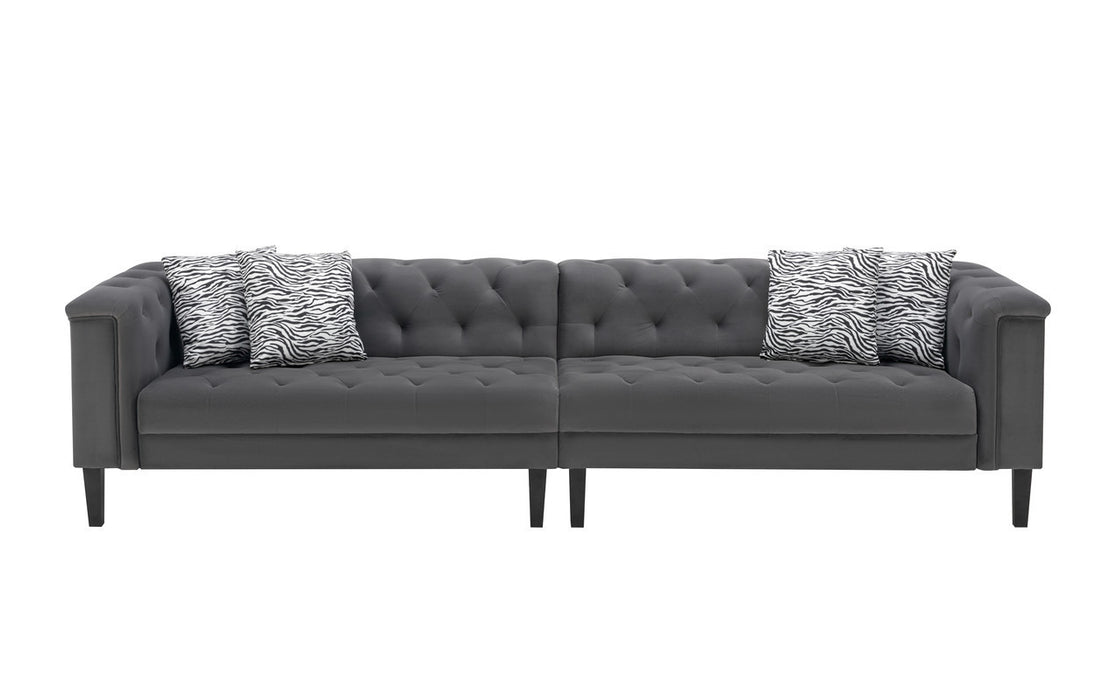 GFD Home - Mary Dark Gray Velvet Tufted Sofa Chaise Chair Ottoman Living Room Set With 6 Accent Pillows - GreatFurnitureDeal