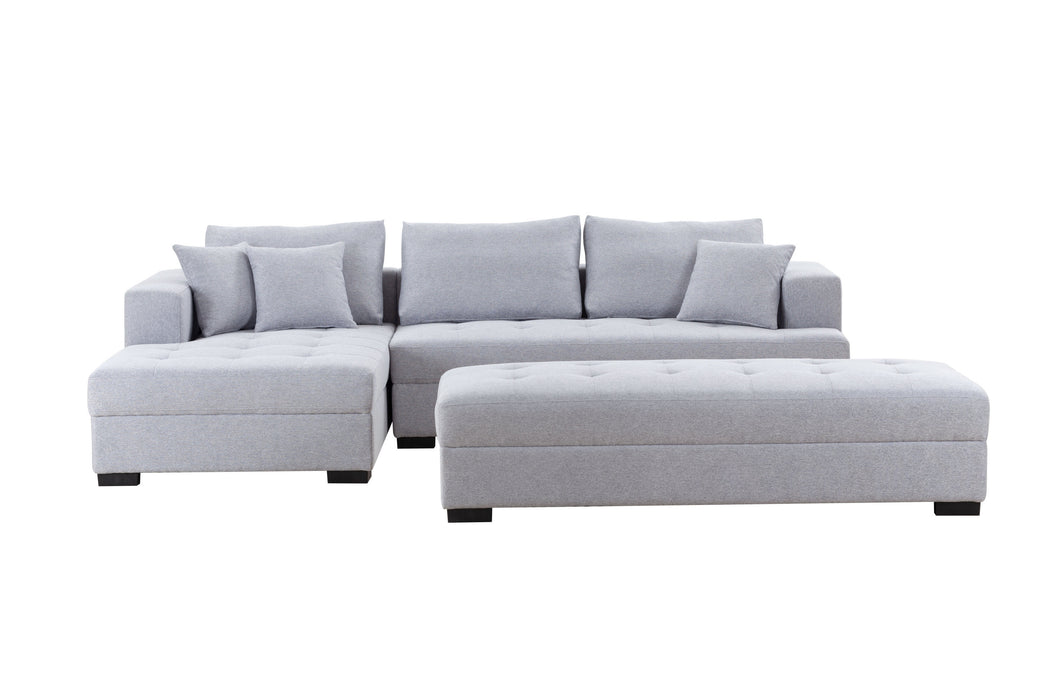 GFD Home - Tufted Fabric 3-Seat L-Shape Sectional Sofa Couch Set w/Chaise Lounge, Ottoman Coffee Table Bench, Light Grey - GreatFurnitureDeal