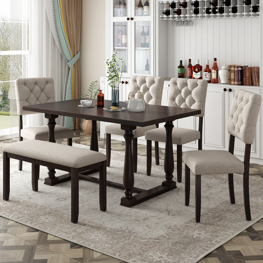 GFD Home - TREXM 6-Piece Dining Table and Chair Set with Special-shaped Legs and Foam-covered Seat Backs&Cushions for Dining Room (Espresso) - GreatFurnitureDeal