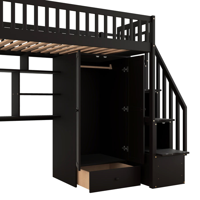 GFD Home - Twin size Loft Bed with Bookshelf,Drawers,Desk,and Wardrobe-Espresso - GreatFurnitureDeal