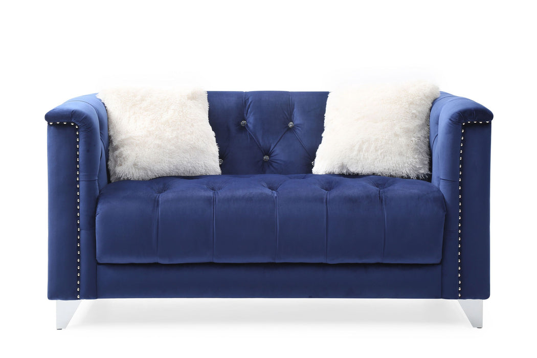 GFD Home - Russell Tufted Upholstery 3 Pc Living Room Set Finished in Velvet Fabric in Blue - GreatFurnitureDeal