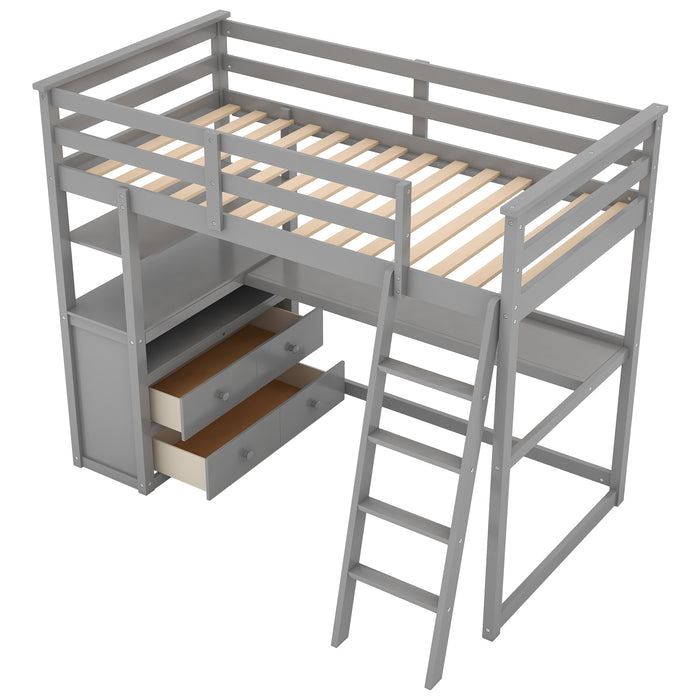 GFD Home - Twin Size Loft Bed with Desk and Shelves,Two Built-in Drawers,Gray(OLD SKU:GX000803AAE) - GreatFurnitureDeal