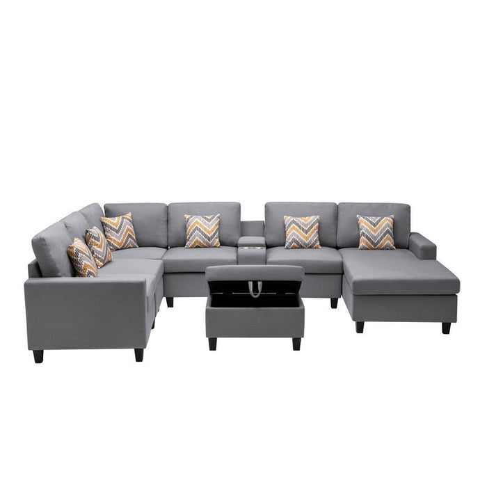 GFD Home - Nolan Gray Linen Fabric 8Pc Reversible Chaise Sectional Sofa with Interchangeable Legs, Pillows, Storage Ottoman, and a USB, Charging Ports, Cupholders, Storage Console Table - GreatFurnitureDeal