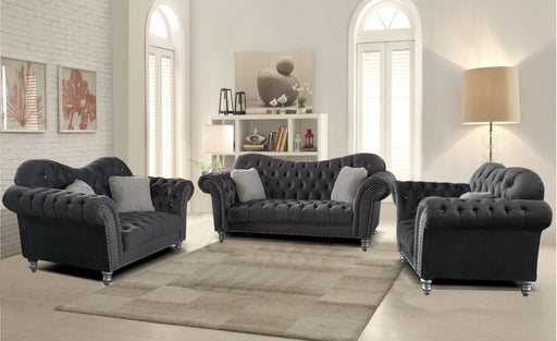 GFD Home - Jessica 2pc Living Room Velvet Material Sofa and Love Seat in Color Gray - GreatFurnitureDeal