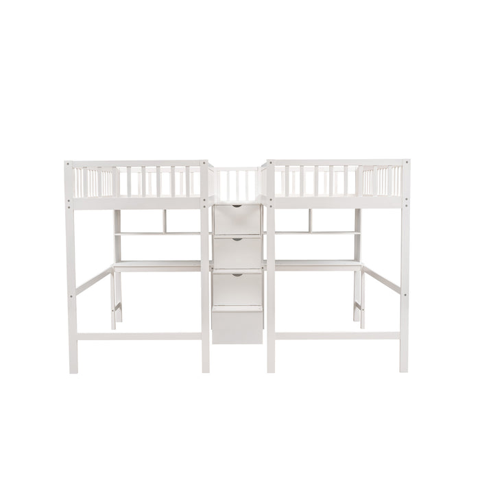 GFD Home - Twin & Twin Size Loft Bed with 2 Built-in Desks and Shelves, Storage Staircase, White - GreatFurnitureDeal