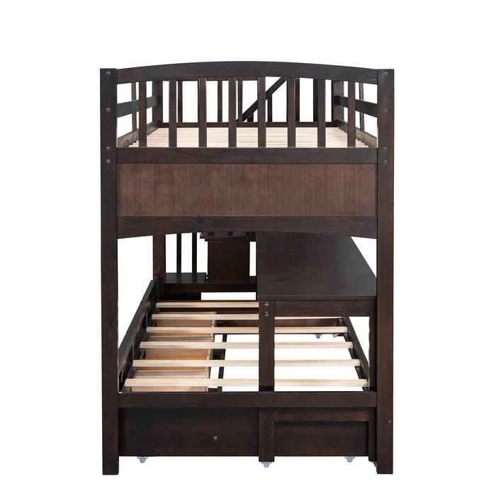 GFD Home - Stairway Twin XL Loft Bed with Twin Size Trundle and 3 Drawers, Storage, Desk, Espresso - GreatFurnitureDeal