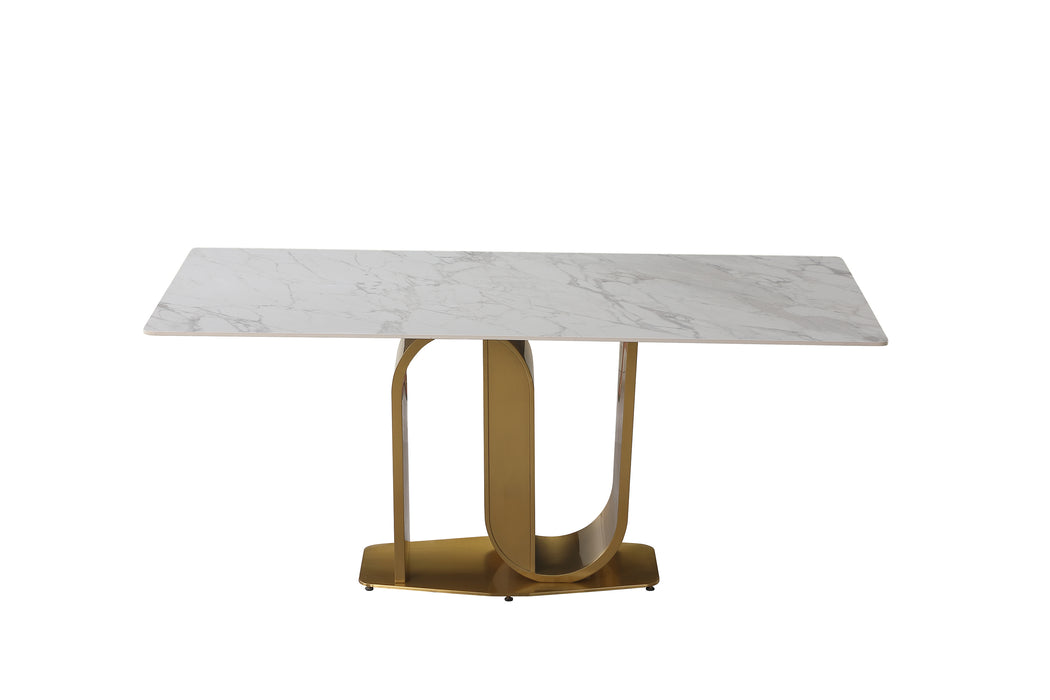 GFD House - 71" Contemporary Dining Table  Sintered Stone  U shape Pedestal Base in Gold finish with 6 pcs Chairs . - GreatFurnitureDeal