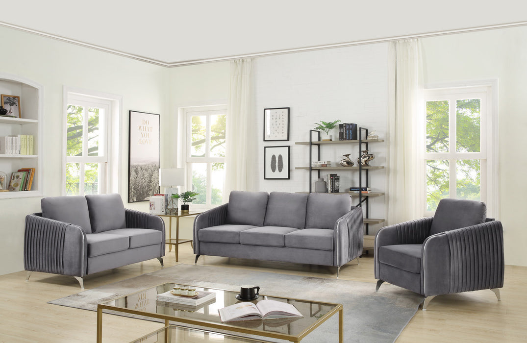 GFD Home - Hathaway Gray Velvet Fabric Sofa Loveseat Chair Living Room Set - GreatFurnitureDeal