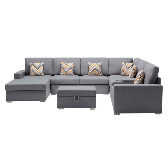 GFD Home - Nolan Gray Linen Fabric 8Pc Reversible Chaise Sectional Sofa with Interchangeable Legs, Pillows, Storage Ottoman, and a USB, Charging Ports, Cupholders, Storage Console Table - GreatFurnitureDeal