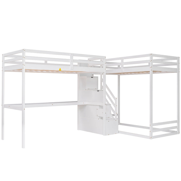 GFD Home - L-Shaped Twin Size Bunk Bed and Loft Bed with Built-in Middle Staircase and Desk, White - GreatFurnitureDeal